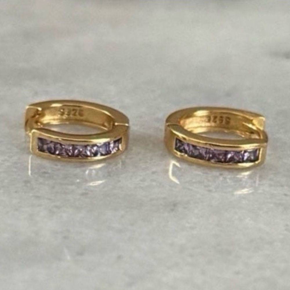 Gold Thick Huggie Hoop Purple Crystal Pave Earrings 

Brand New